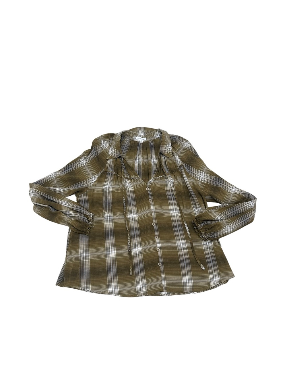 Blu Pepper Plaid Button-Down smocked peasant casual Shirt Tan Cream size small - Picture 7 of 12